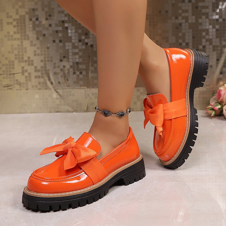 Women's Bow Tie Chunky Heel Pumps - Slip-On Round Toe Loafers