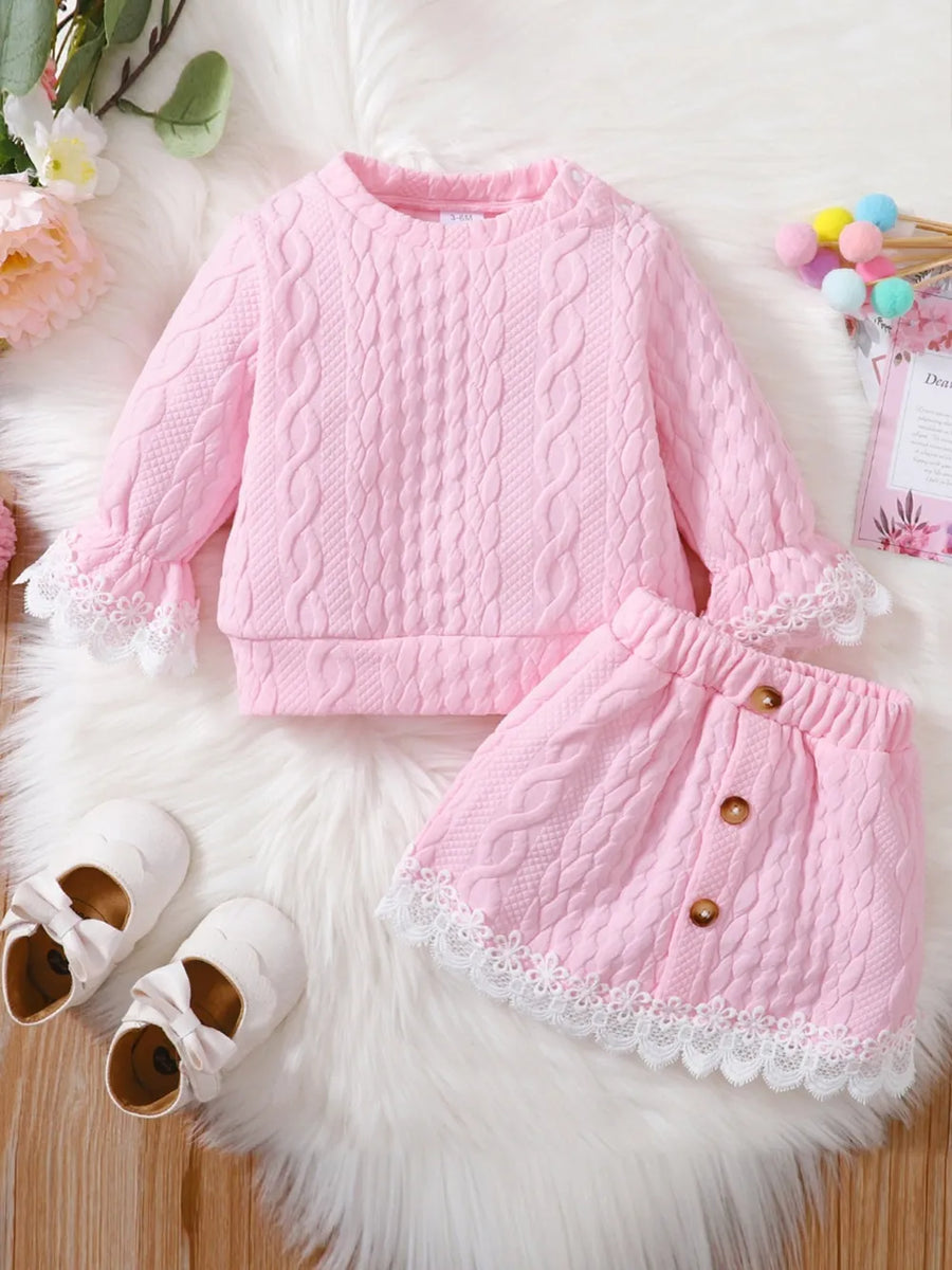 Lace-Detail Cotton Top & Skirt Set — Pink