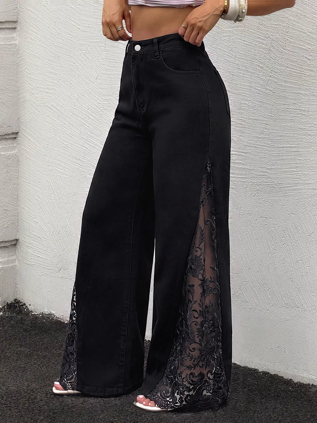 Women's Lace-Detail Wide-Leg Jeans