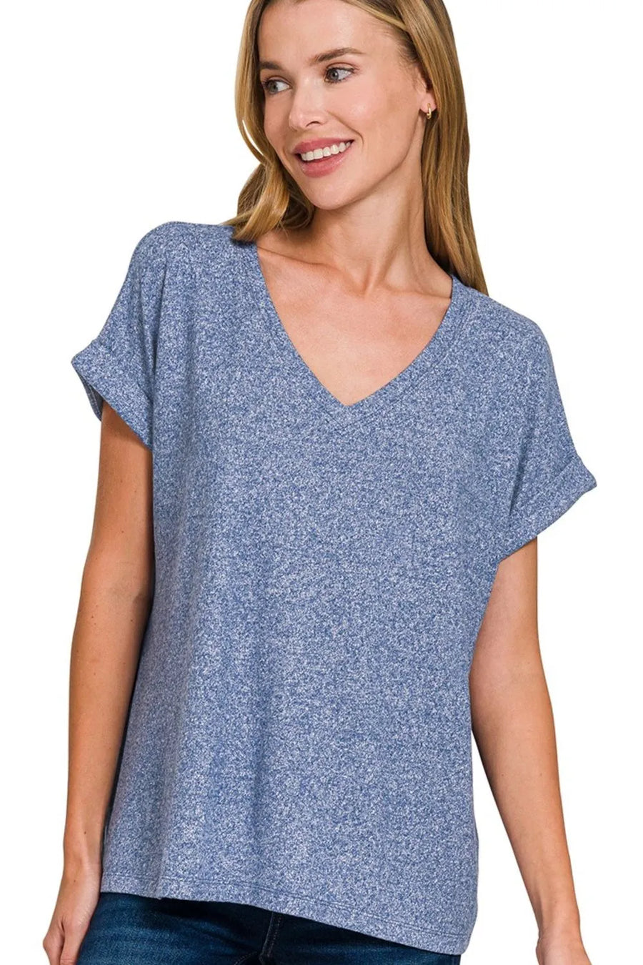 Soft Melange Hacci V-Neck Tee — LT NAVY