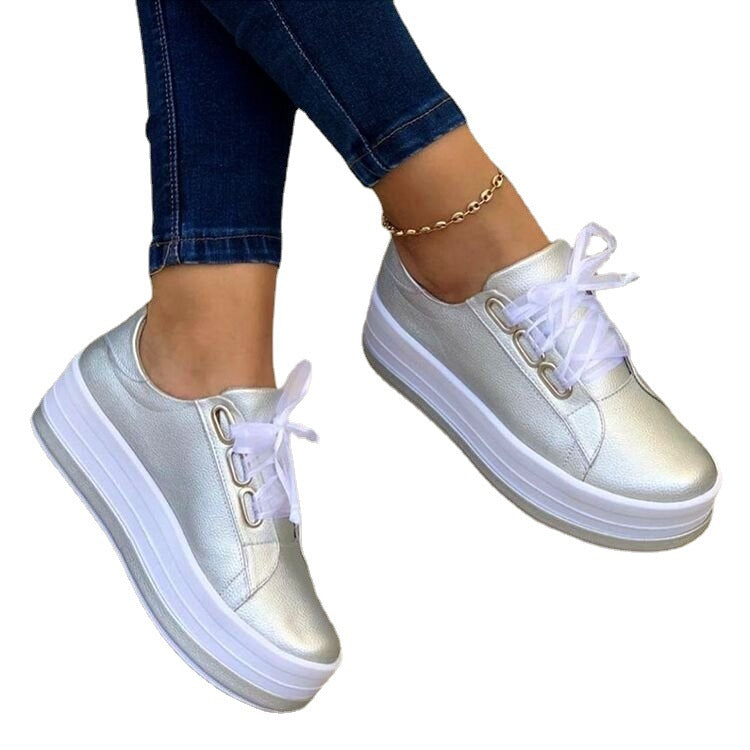 Women's Ribbon Lace-Up Platform Sneakers | PU Leather Round-Toe Flats
