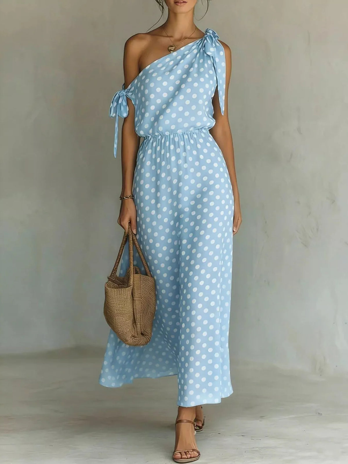 Full Size Polka Dot One-Shoulder Maxi Dress Plus Size