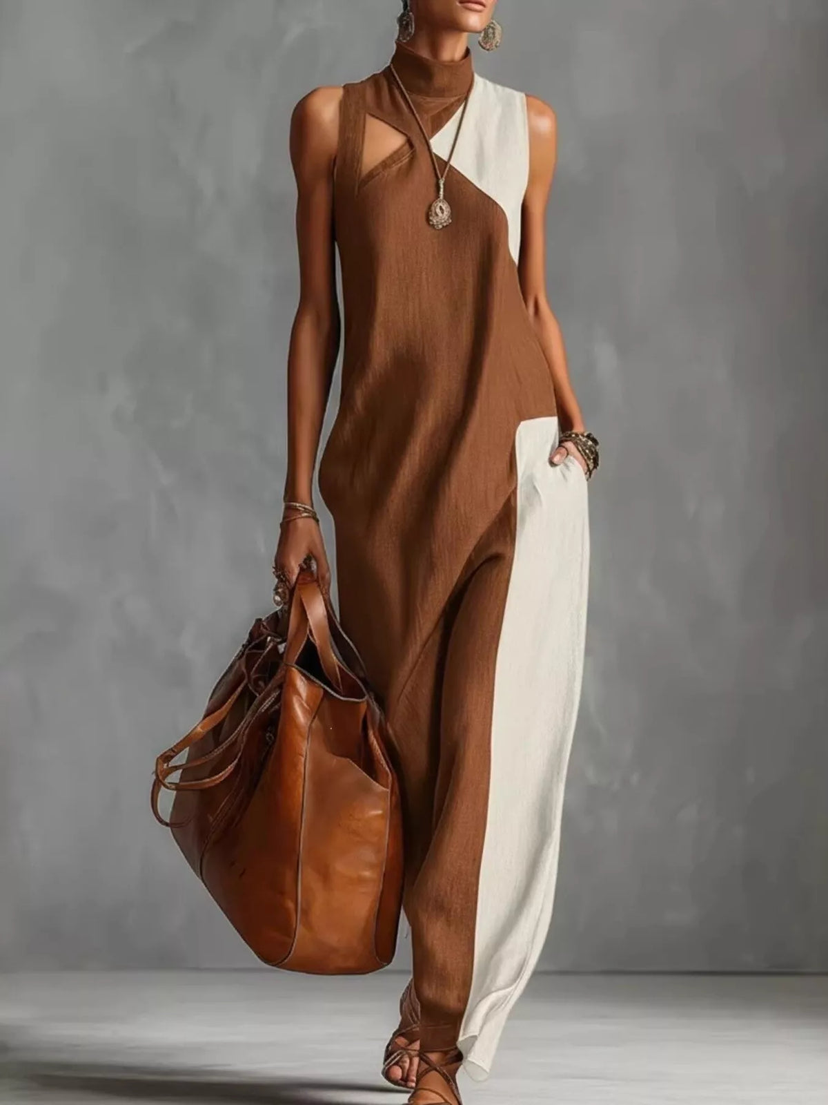 Color-Block Mock-Neck Sleeveless Maxi Dress