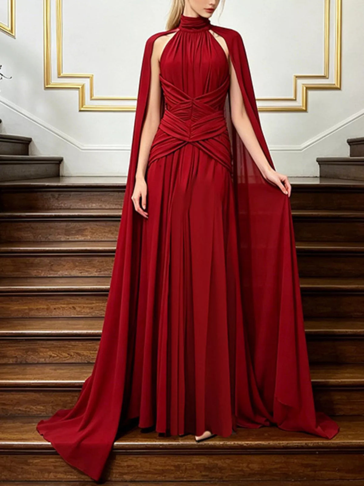 Red Ruched Halter-Neck Cape Maxi Dress