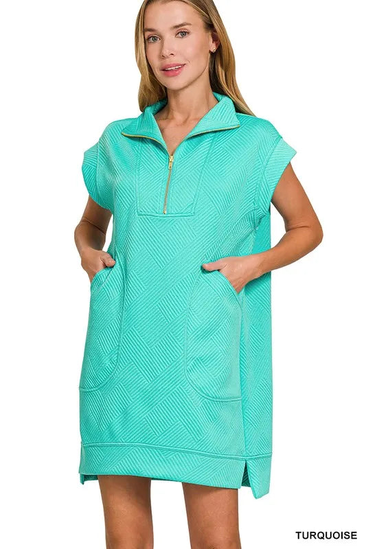 Textured Knit Jacquard Quarter Zipper Mini Dress