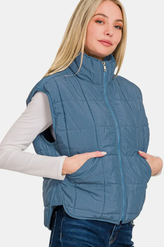 Another view: Zip Up Cropped Puffer Vest with Pockets