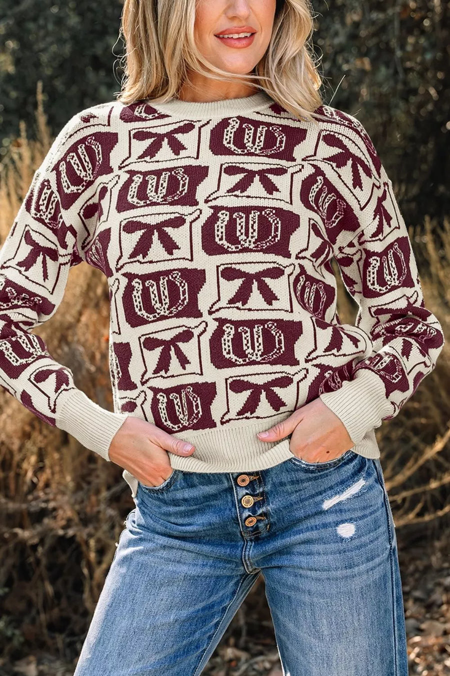 Bows & Horseshoes Pattern Western Round-Neck Sweater