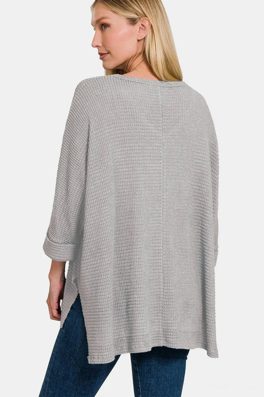 Another view: Waffle Knit V-Neck Long Sleeve Slit Top