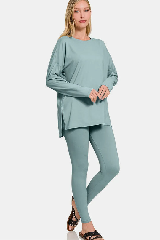 Another view: Curve Brushed Microfiber Top and Leggings Lounge Set — Blue Grey