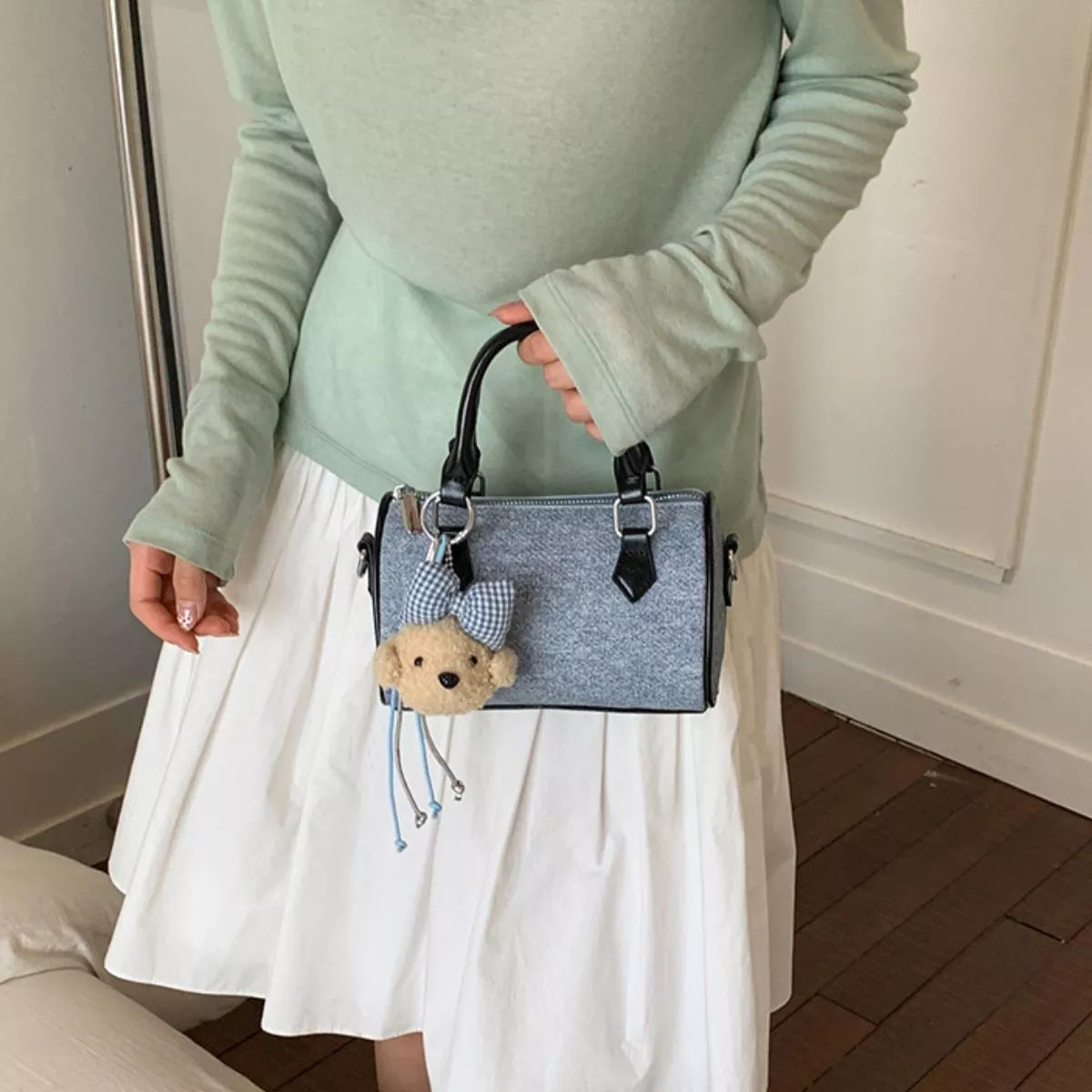 Pastel Blue Denim Barrel Crossbody Bag