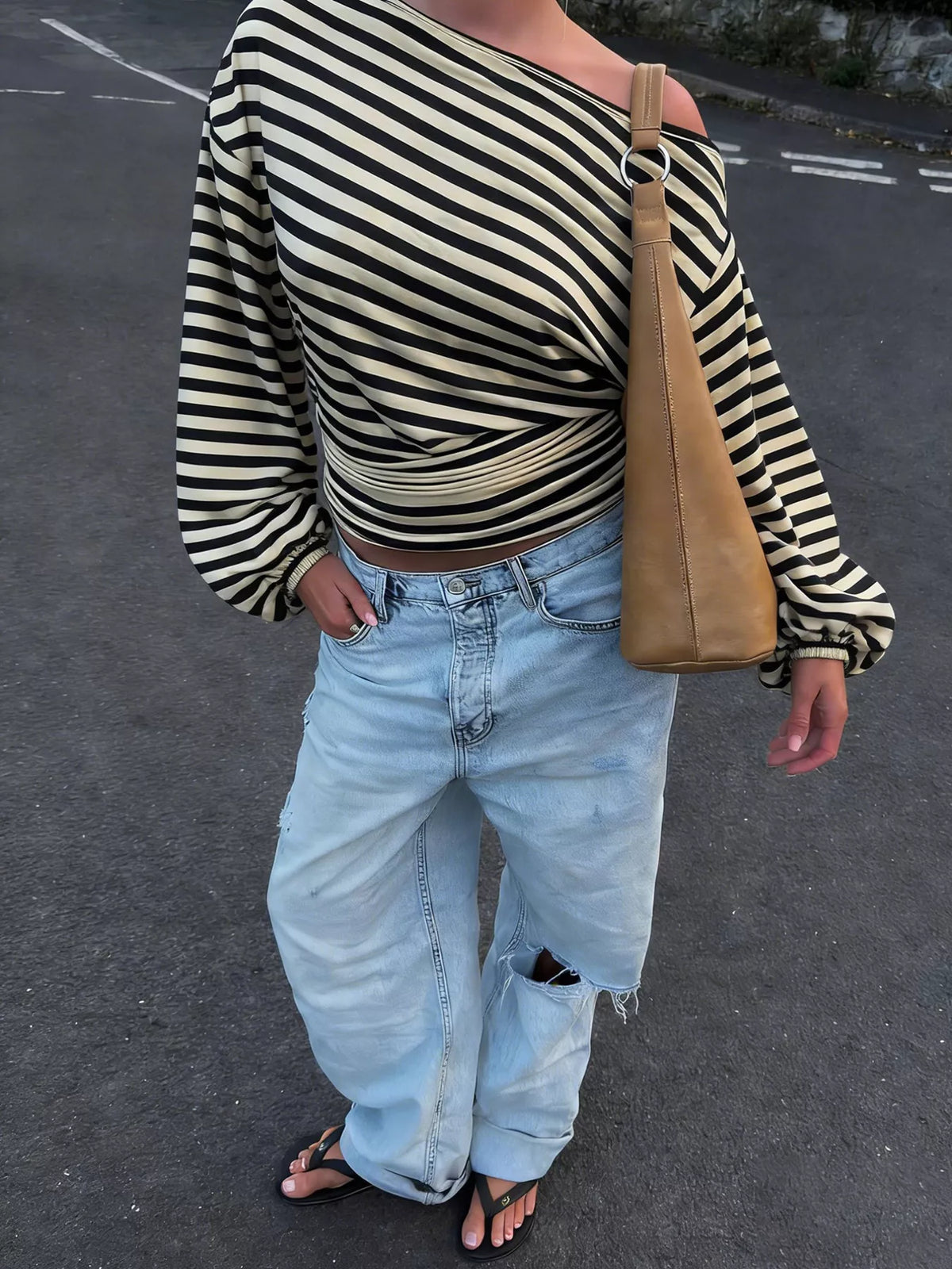 One-Shoulder Striped Long-Sleeve T-Shirt