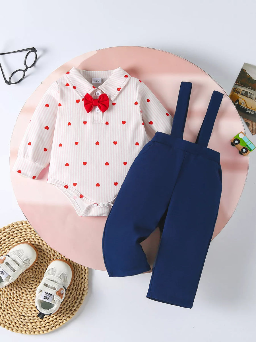Heart-Print Bodysuit & Suspender Pants Set — White