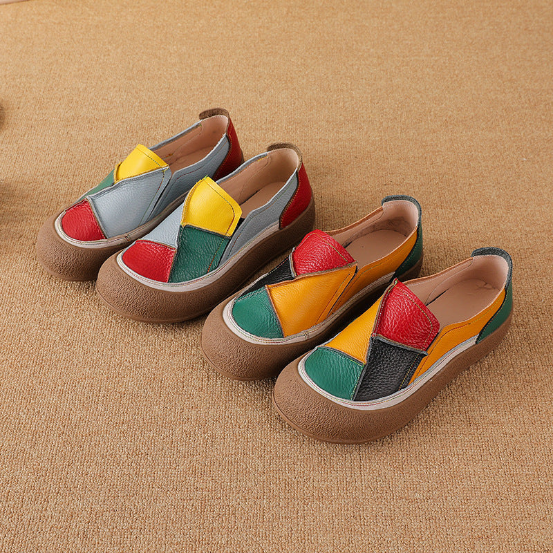 Women's Genuine Leather Patchwork Color-Block Loafers | Slip-On Round Toe Low Heel Shoes