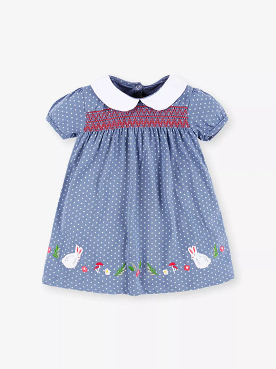 Another view: Smocked Polka-Dot Embroidered Cotton Dress — Dusty Blue