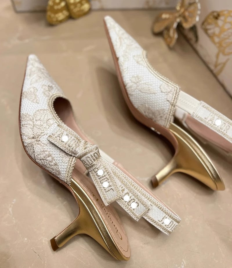 Women's Gold Bow Strap Pointed Toe High Heel Sandals - Elegant Party Heels