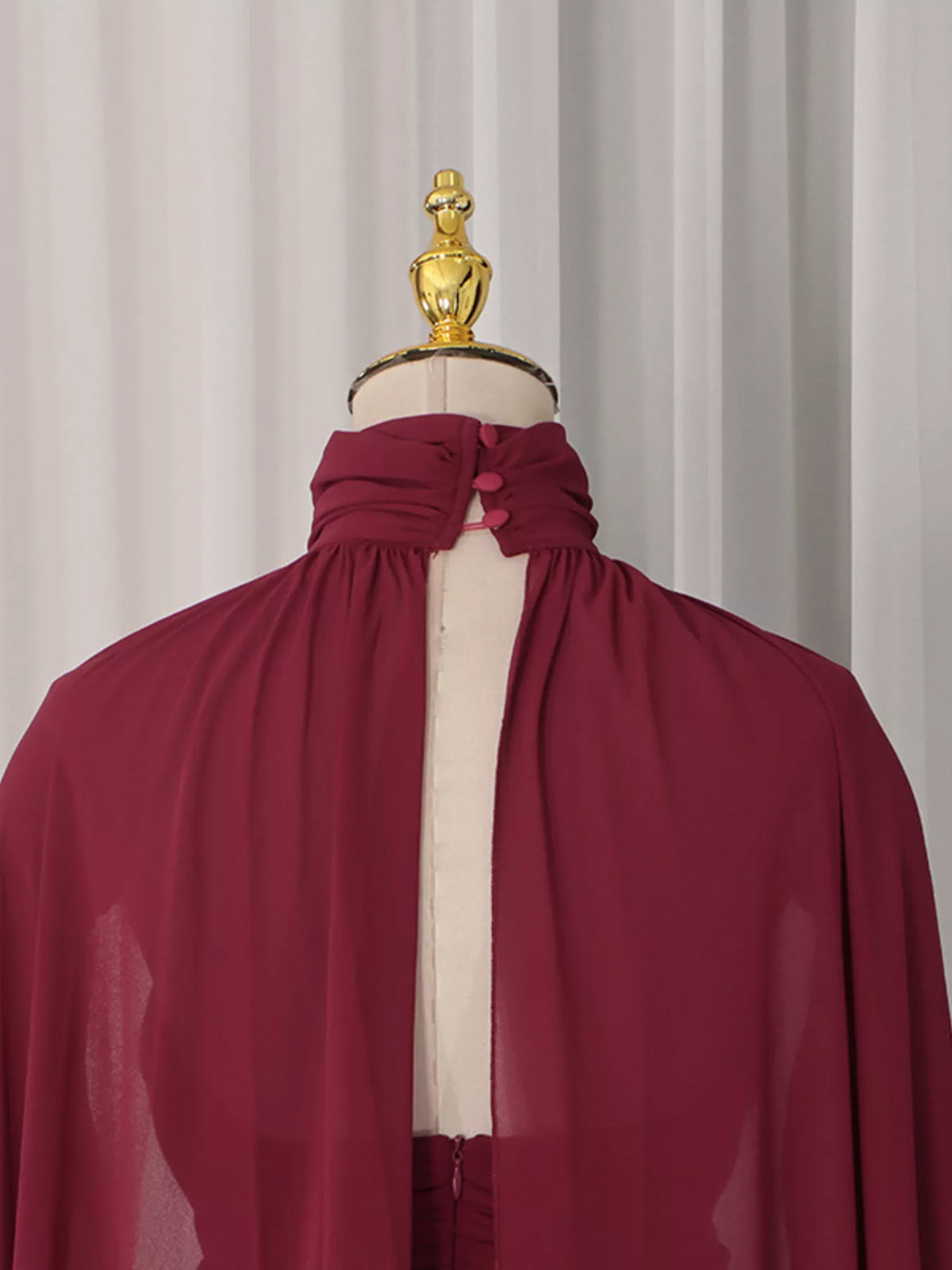 Red Ruched Halter-Neck Cape Maxi Dress