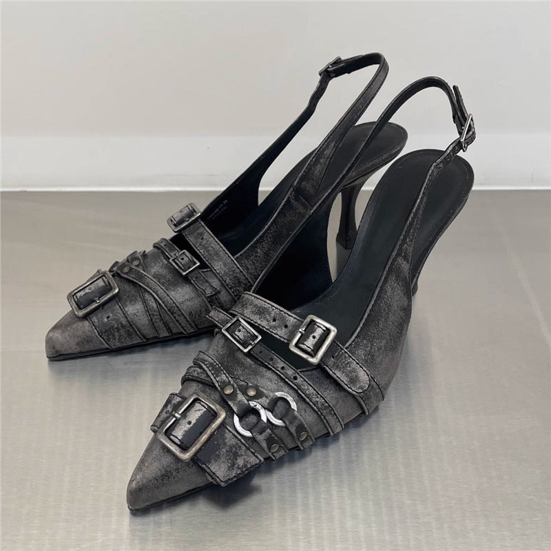 Women's Retro Pointed-Toe Ankle-Strap High Heel Sandals - Punk Style Mid Heel Shoes