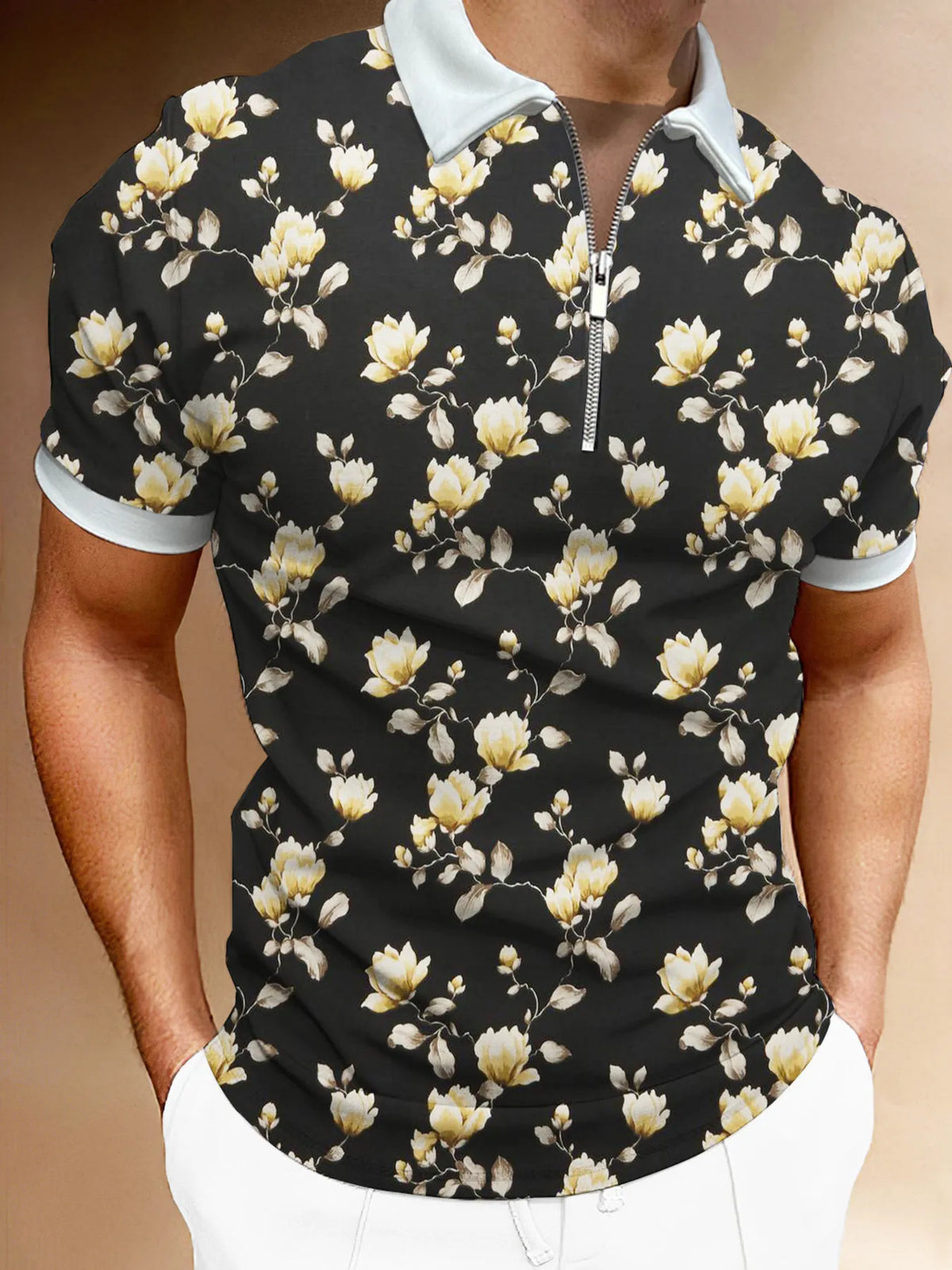 Men's Full Size Floral Print Zip-Up Polo Plus Size