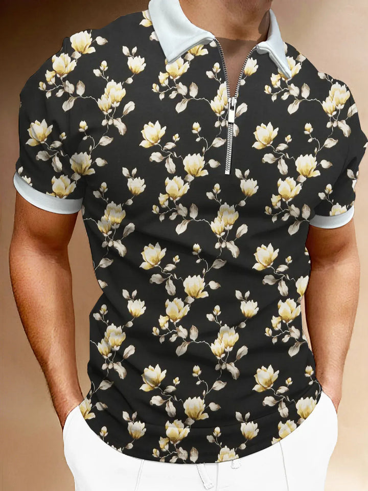 Men's Full Size Floral Print Zip-Up Polo Plus Size