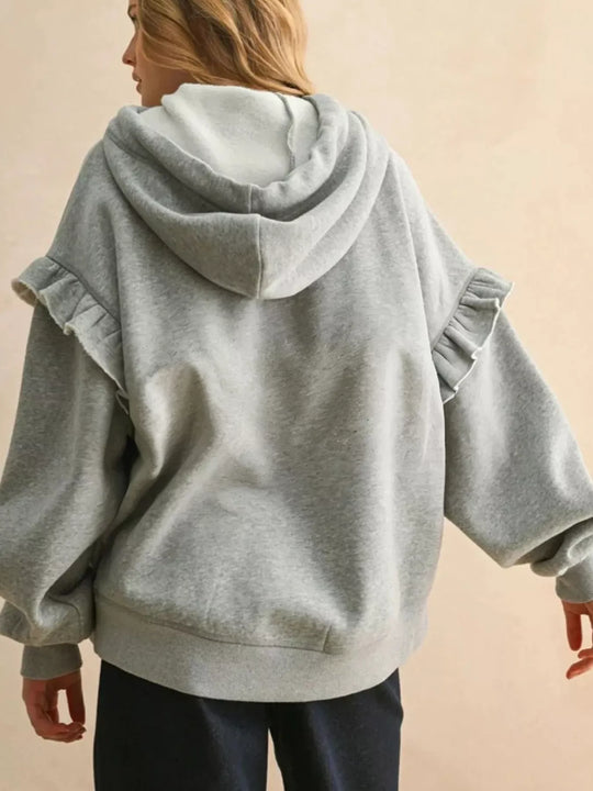 Another view: Contrast Drawstring Ruffle-Trim Hoodie — Gray