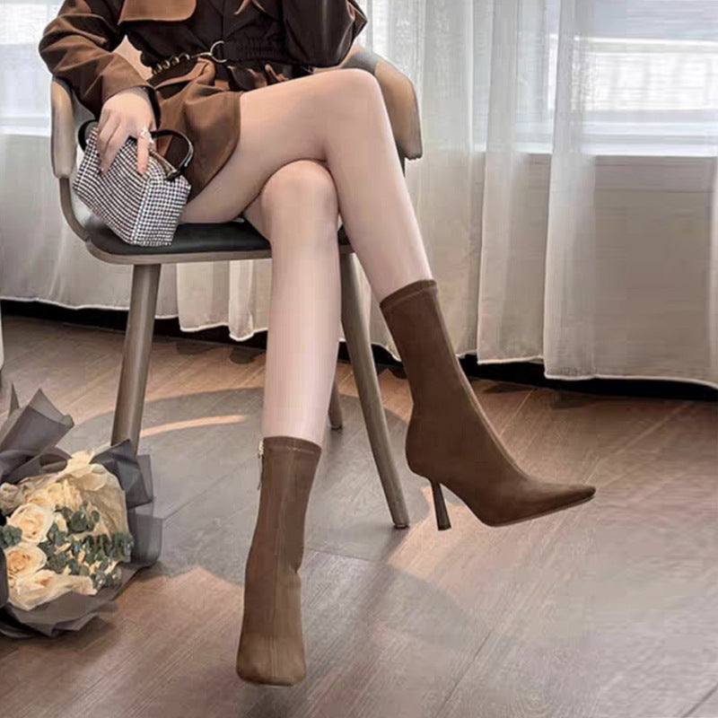 Women's Suede Mid-Calf High Heel Boots - Pointed Toe Stretch Boots with Side Zipper