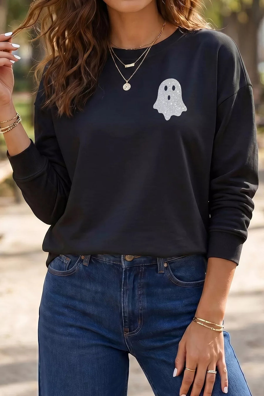 Round-Neck Ghost Print Regular Fit Graphic Long-Sleeve T-Shirt