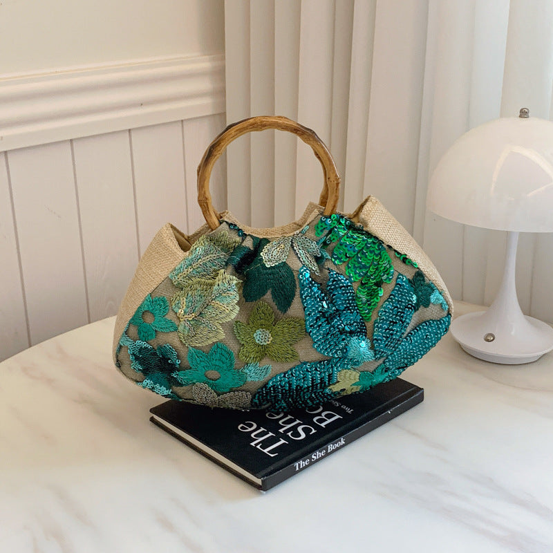 Bamboo Handle Tote Bag for Women - Shell Shape Shoulder Bag with Polyester Lining