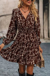 Coffee-brown floral long-sleeve mini dress with a shirred waist.