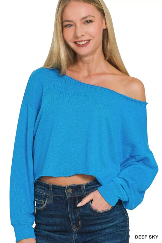 Another view: French Terry Boatneck Crop Top — Deep Sky