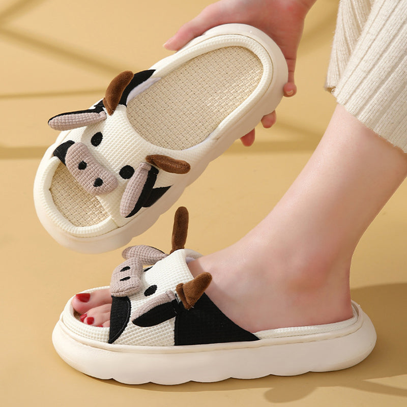 Cartoon Cow Frog Slippers | Linen Non-Slip Breathable Indoor Garden Shoes