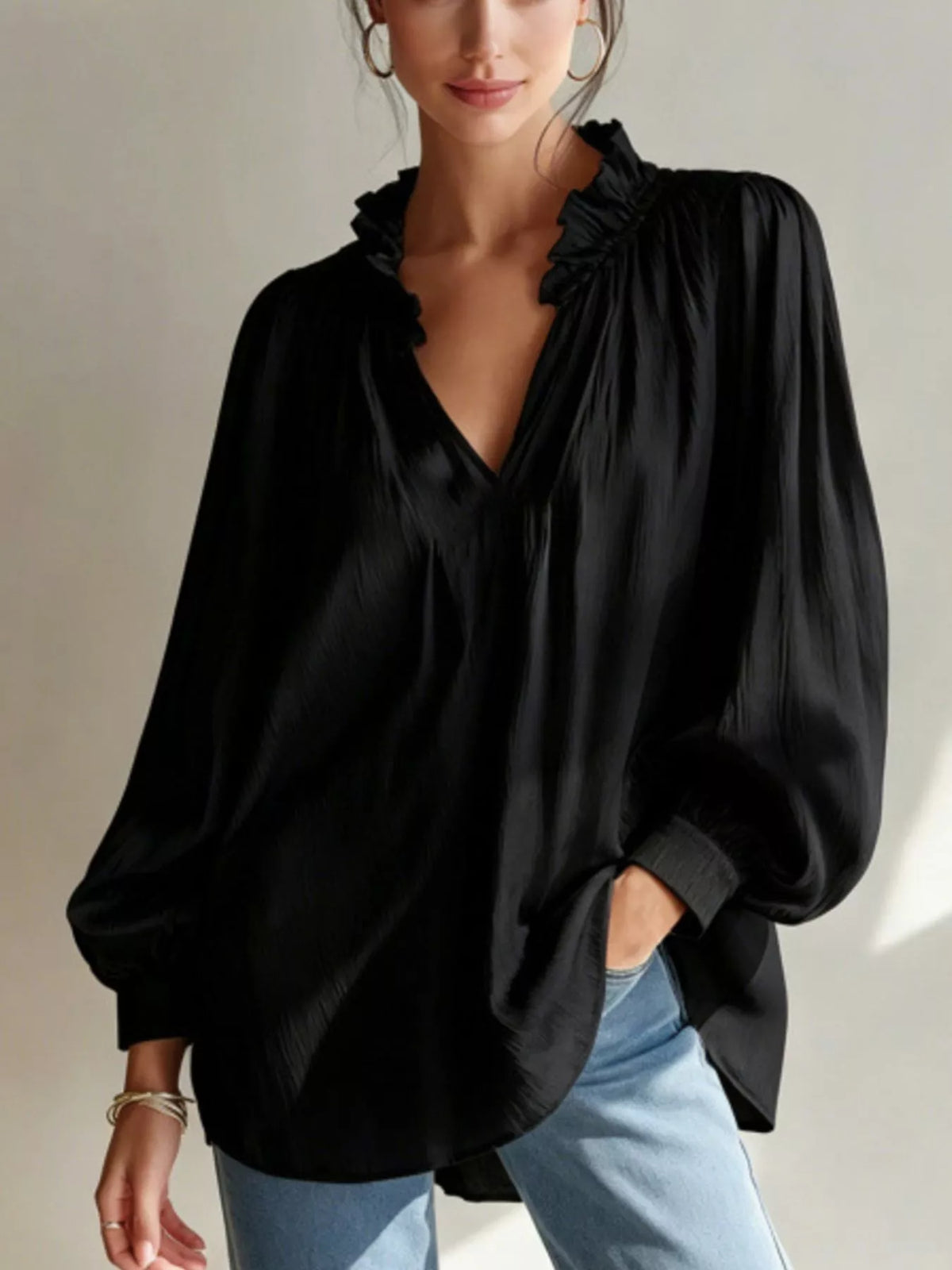 Frill-Trim Notched Long-Sleeve Blouse