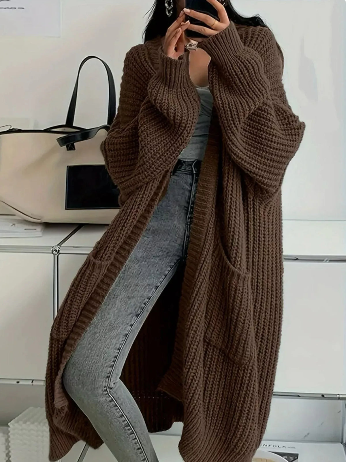 Oversized Openwork Longline Cardigan with Pockets — photo 24