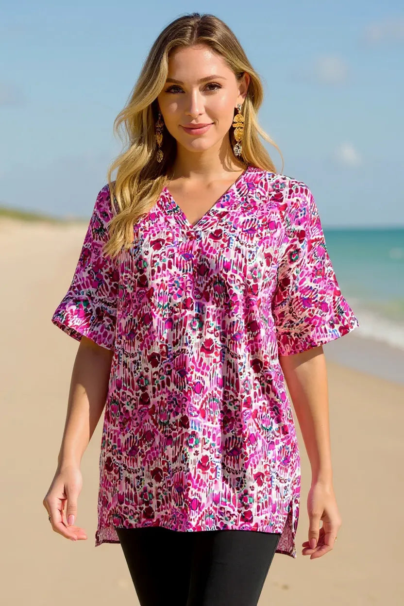 Printed V-Neck Short-Sleeve Blouse — Full Size