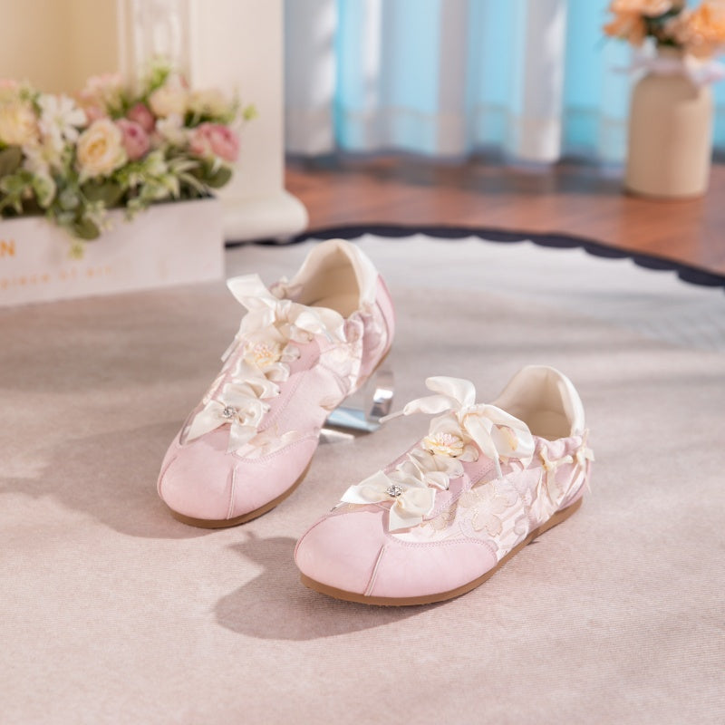 Women's Bow Detail Flat Shoes | Embroidered Fabric Round-Toe Slip-On