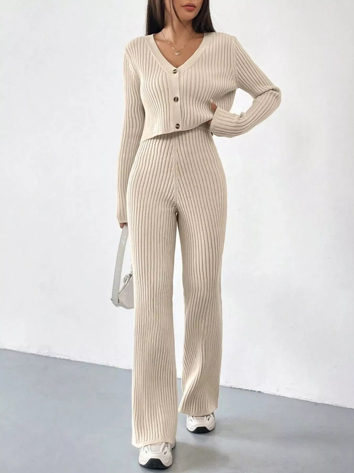 Ribbed-Knit Button-Up Top & Pants Set