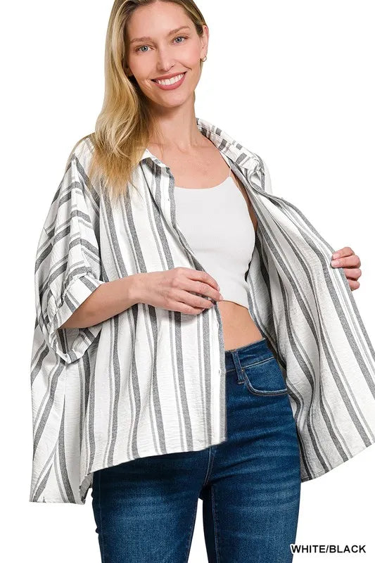 Woven Yarn-Dye Stripe Oversized Button Down Shirt — WHITE/BLACK