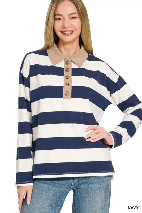 Another view: Zenana Striped Contrast Collar Polo Tee