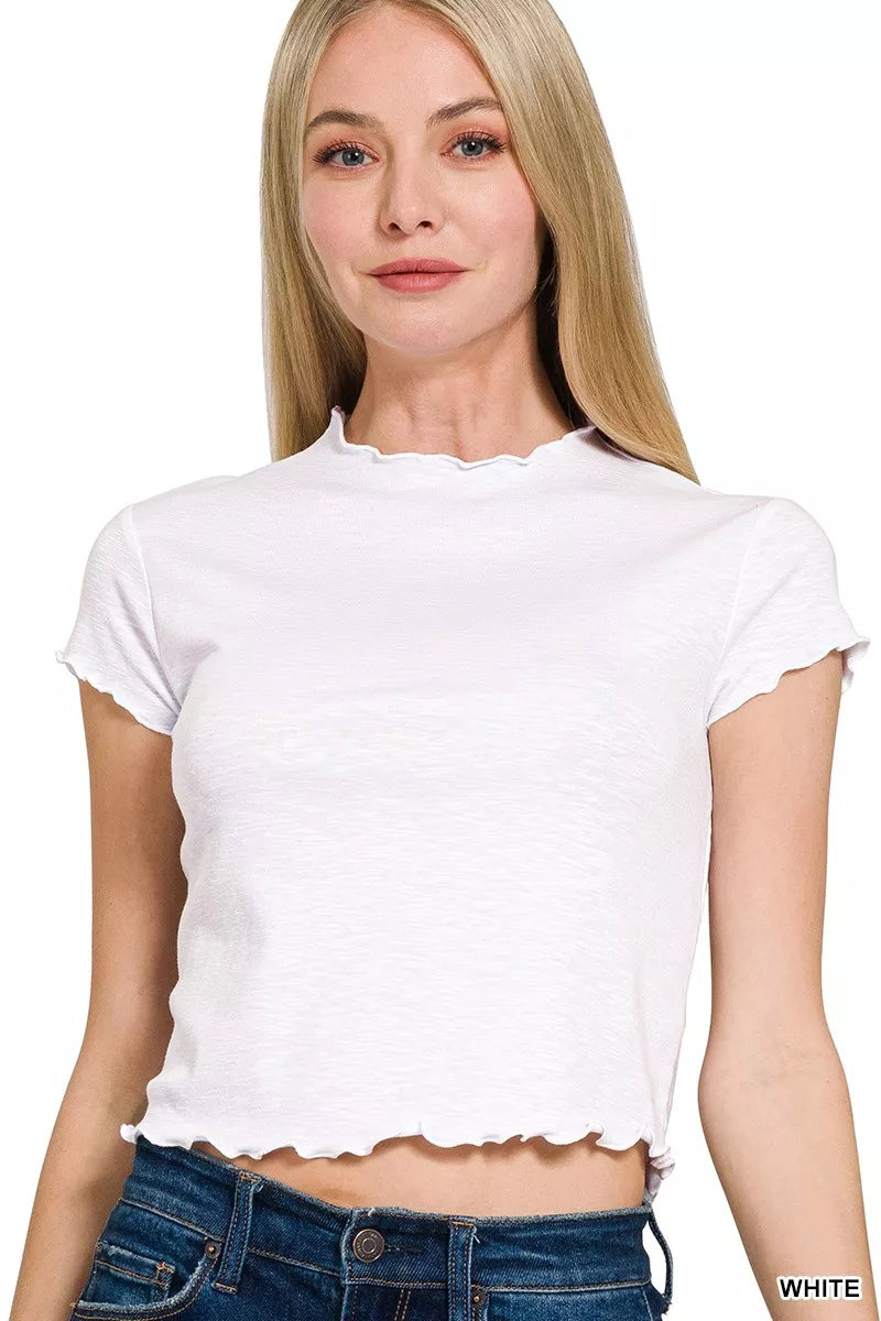 Cotton Modal Slub Lettuce Trimmed Cropped T-Shirt