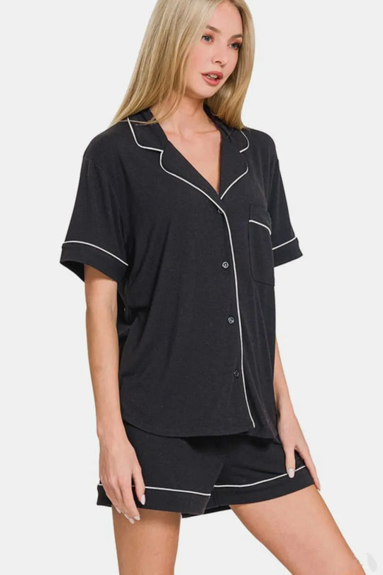 Another view: Button Down Short Sleeve Top and Shorts Lounge Set — Black