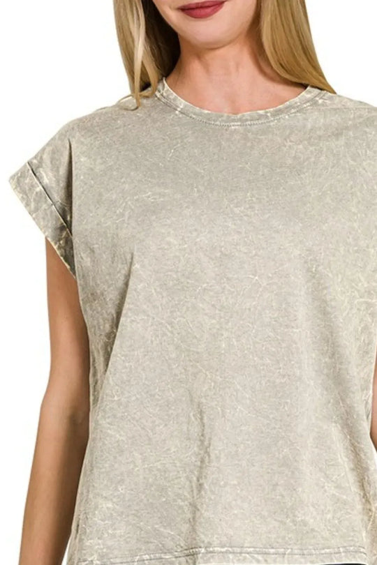 Another view: Crinkle Washed Round Neck Folded Short Sleeve Tee — Sleet