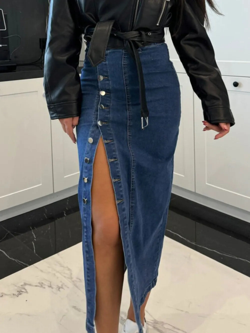 Women's Front-Button Slit Midi Denim Skirt