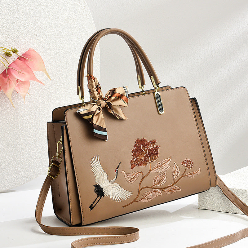 Chinese Embroidered Crane Crossbody Tote Bag for Women - Fashion Handbag with Multiple Compartments