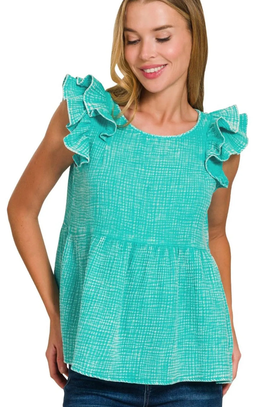 Double Gauze Acid Washed Tiered Ruffle Peplum Top — Turquoise