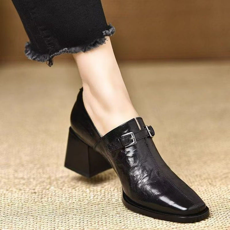 Women's Square Toe Wedge Buckle Boots – Leather High-Top Dress Shoes | Black & Dark Brown