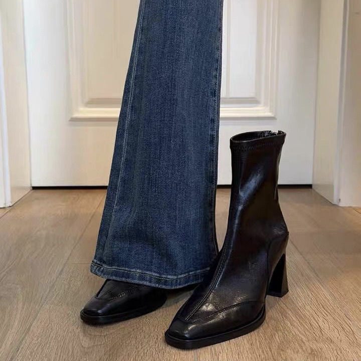 Women's Chunky Heel Vintage Dr Boots - Square Toe Ankle Boots with Back Zipper