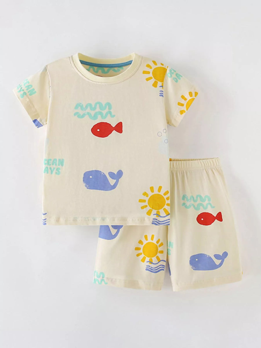 Kids' Fish-Print Tee & Shorts Set – Cream