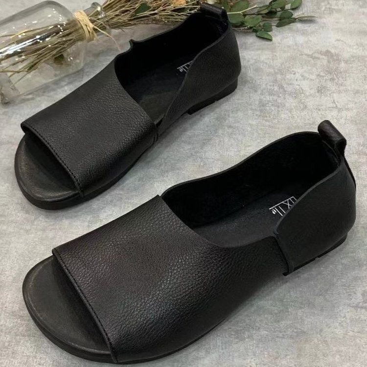 Women's Retro Handmade Soft Leather Open-Toe Sandals | Slip-On Fish-Mouth Shoes with Soft Sole