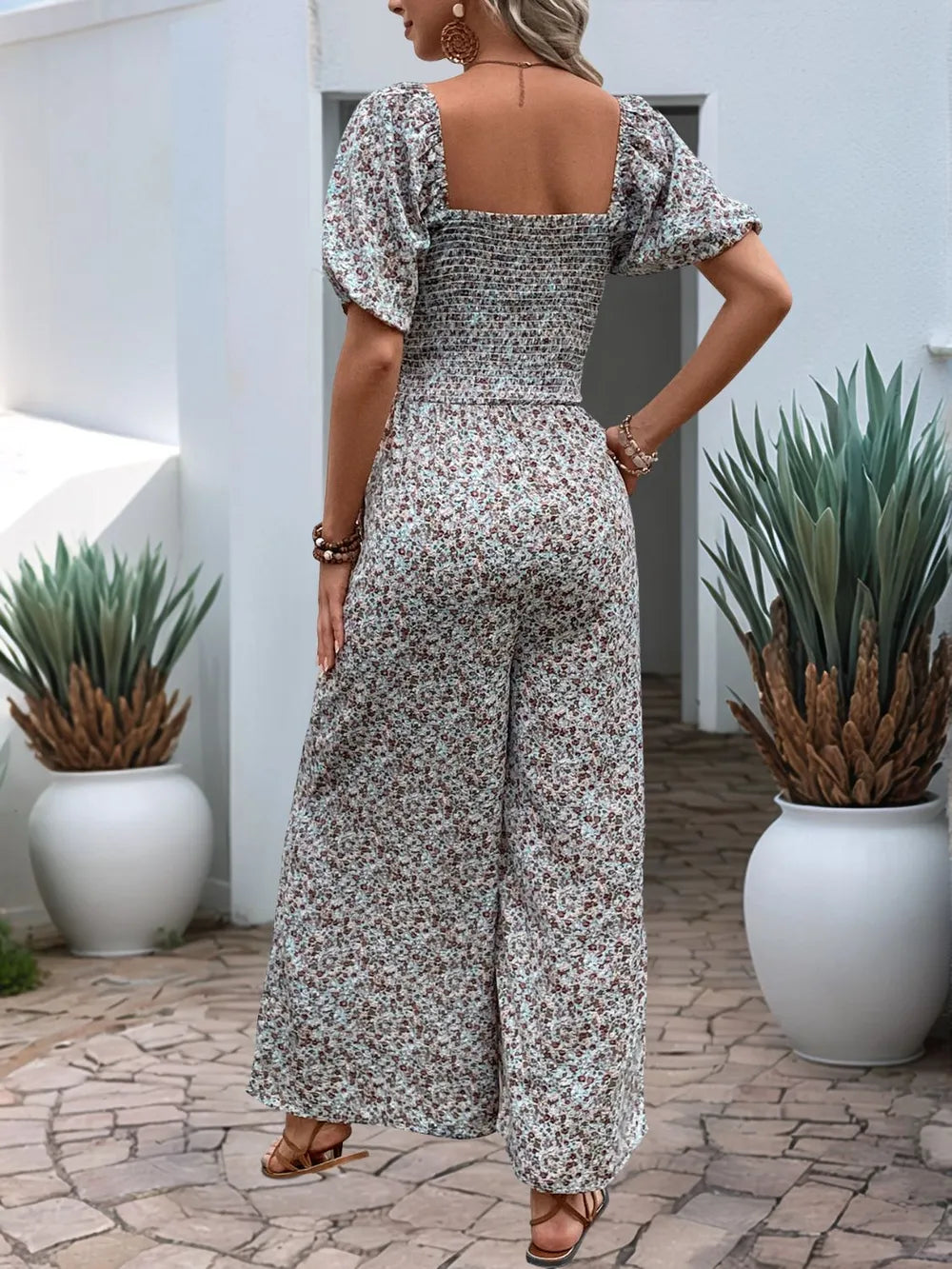 Valentina Ditsy Floral Smocked Square Neck Puff Sleeve Jumpsuit