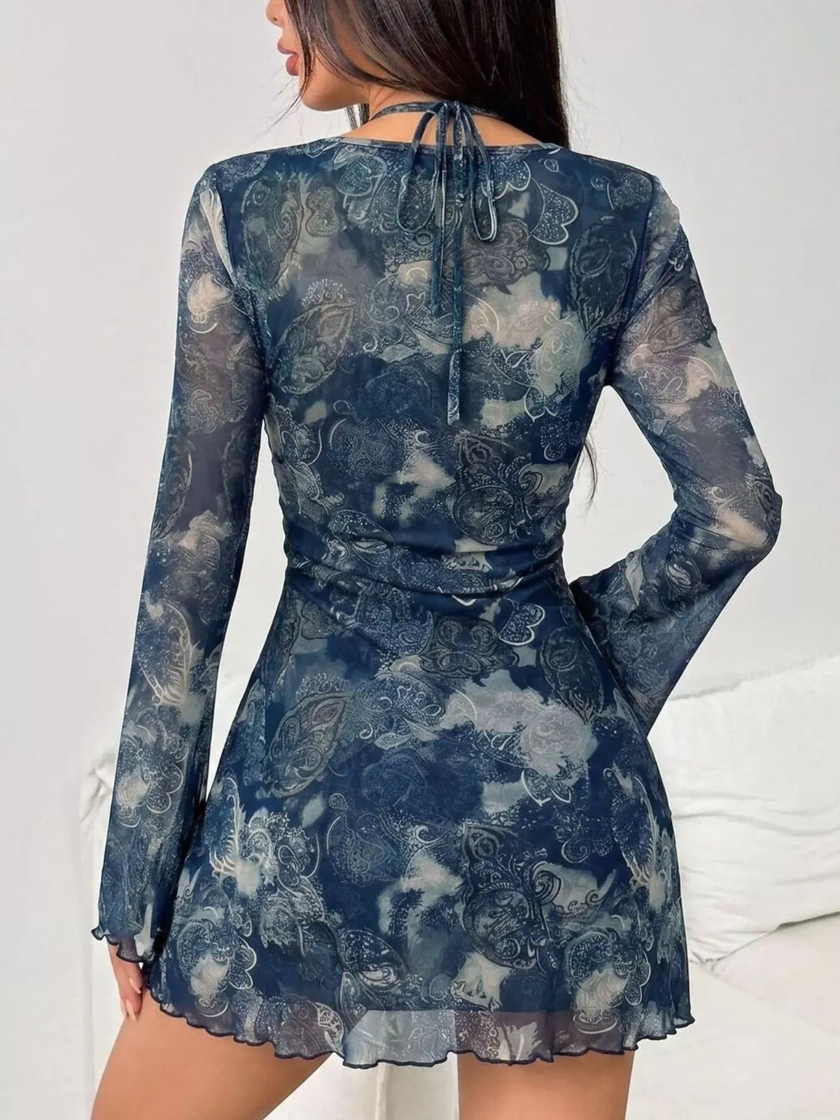 Long-Sleeve Mesh Cutout Mini Dress — photo 4