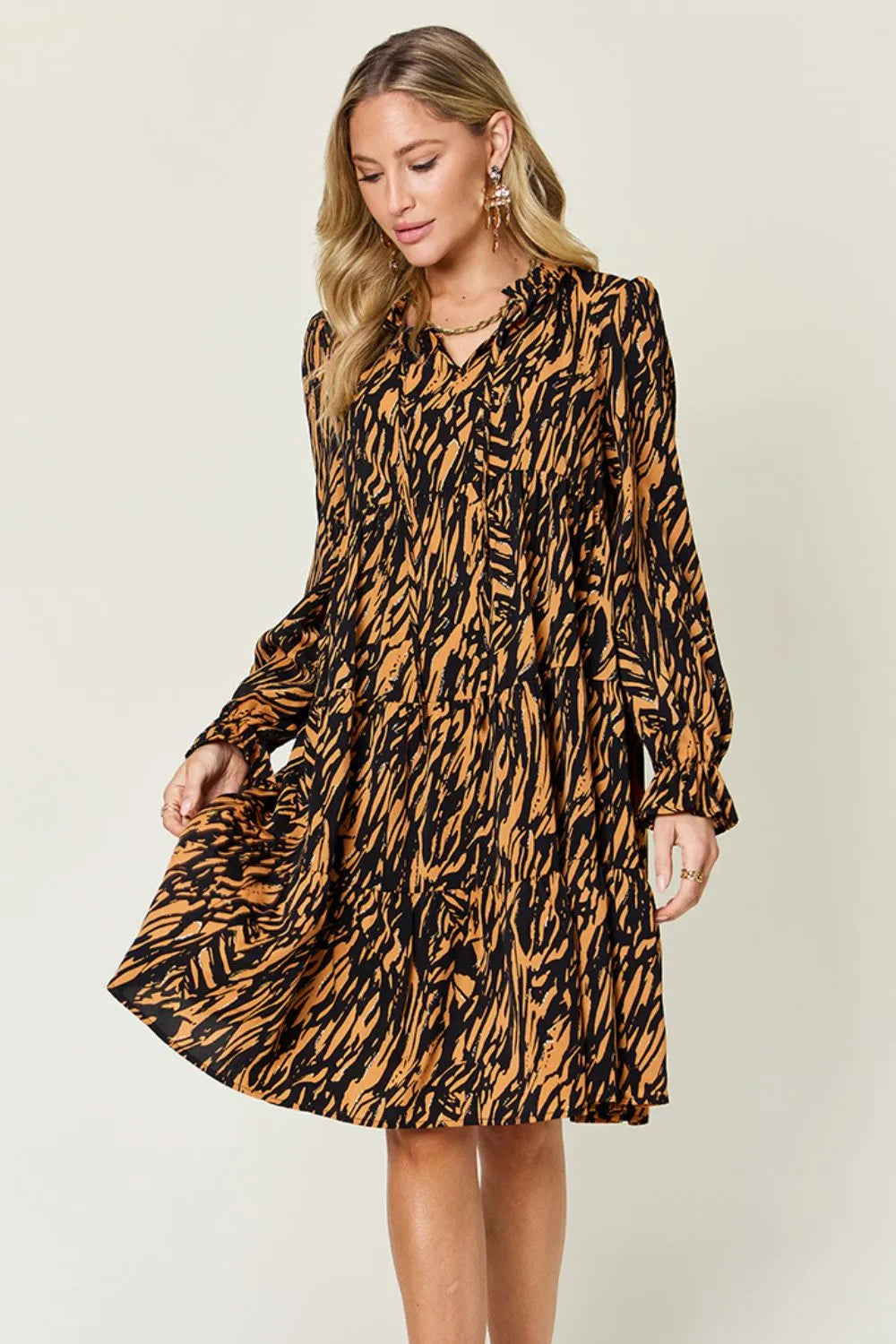 Plus Size Printed Ruffle-Hem Long-Sleeve Dress